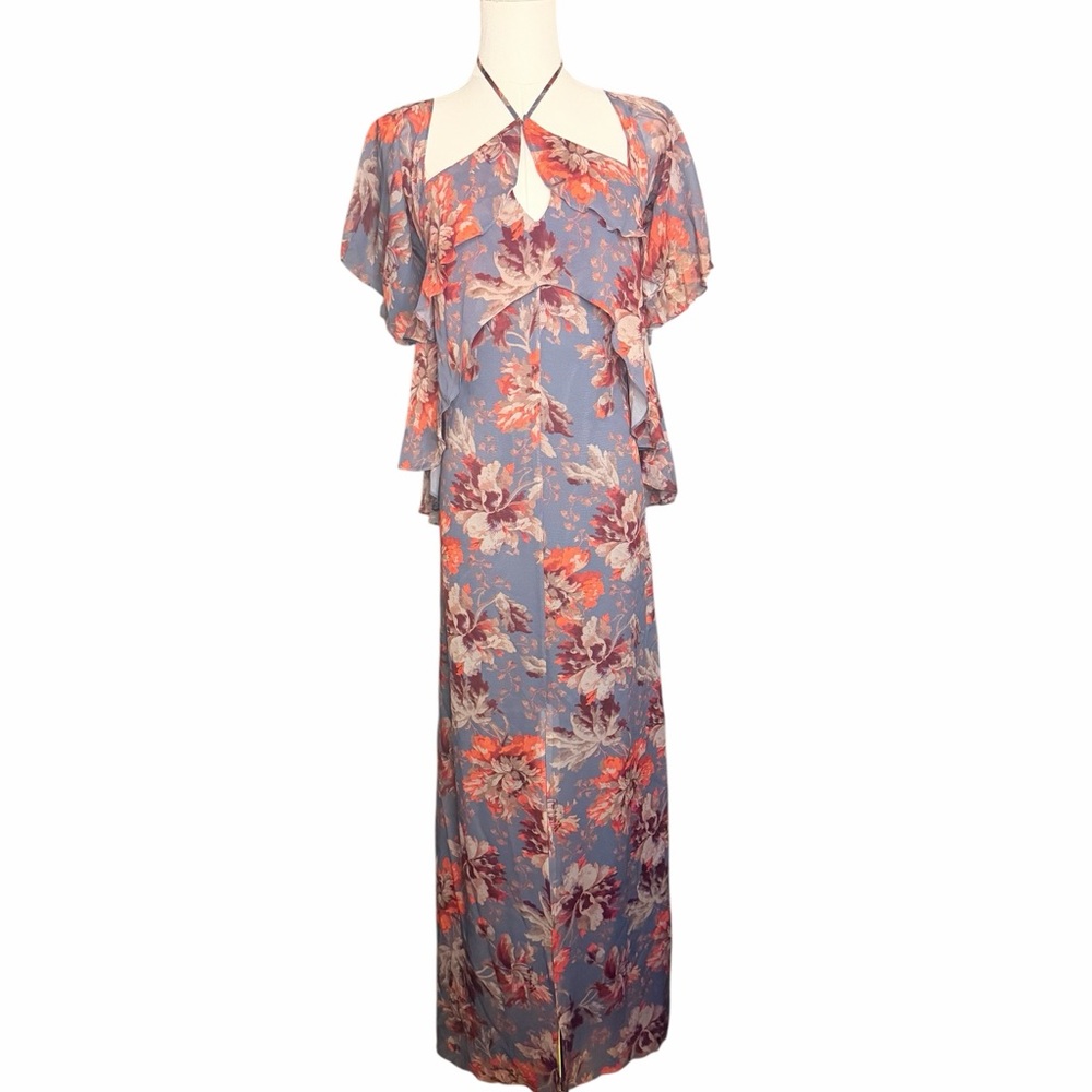 Intermix 100% Silk Floral Maxi Dress Ruffle Sleeve Halter Keyhole Boho